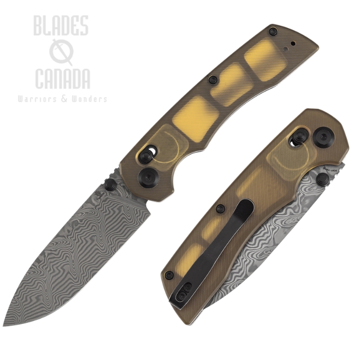 (image for) Tenable Kryo Cross Bar Lock Folding Knife, Damascus, PEI/Ultem Amber, T1001V10