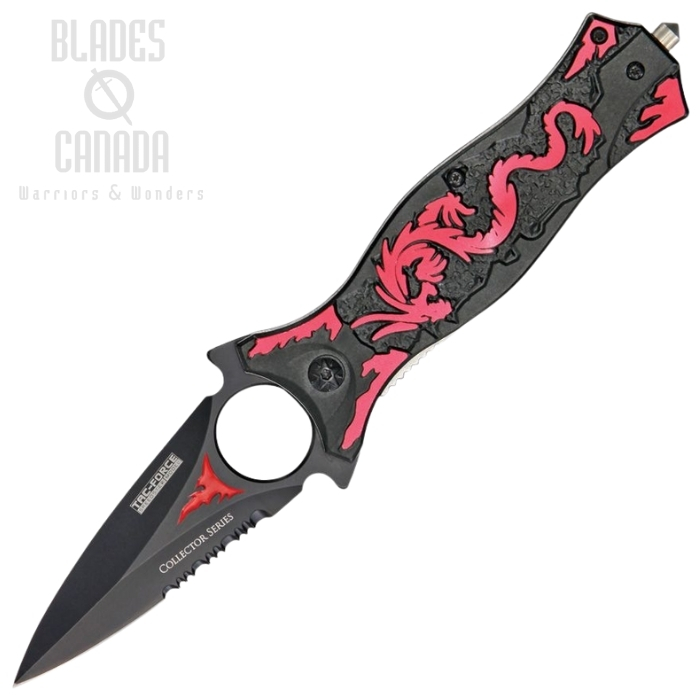 (image for) Tac Force Dragon Folding Knife, Assisted Opening, Stainless Serrated Dagger, Aluminum Black/Red, TF707RD