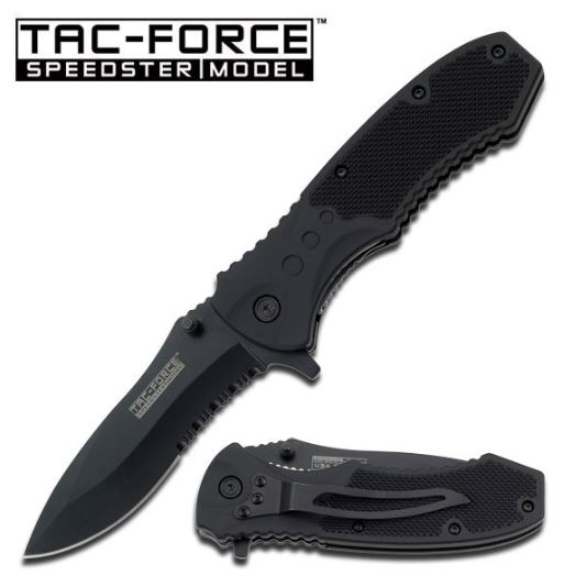 Tac Force 800BK All Black Folding Knife, Partially Serrated, Assisted Opening, TF800BK - Click Image to Close