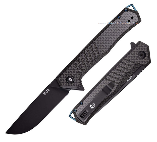 Tekto F1 Alpha Flipper Folding Knife, D2 Black, Carbon Fiber w/Blue Accents, TKTF1CBKBK2