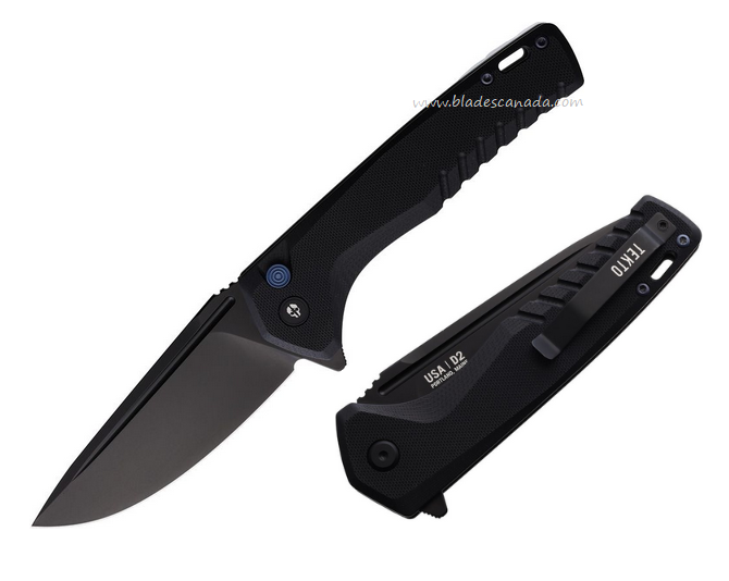 Tekto F3 Charlie Flipper Button Lock Knife, D2 Black, G10 Black w/Blue Accents, TKTF3GBKBK12