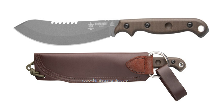TOPS Brush Wolf Fixed Blade Knife, 1095 Tungsten, Micarta Green, Leather Sheath, BWLF-02