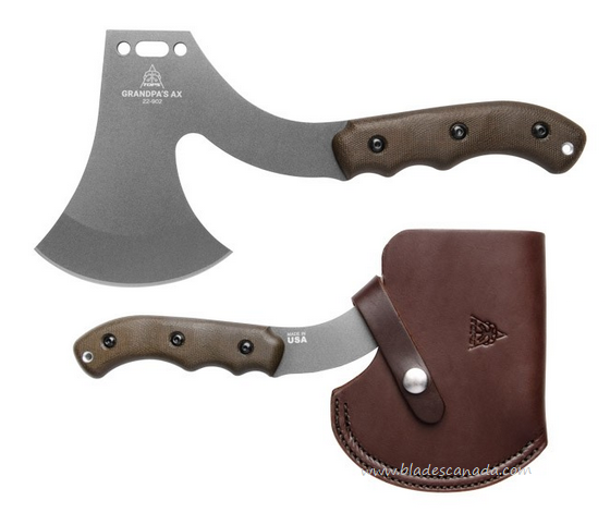 TOPS Grandpa's Axe, 1095 Tungsten, Micarta Green, Leather Sheath, GRAX-02