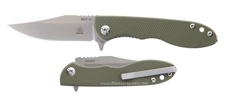 TOPS MSF-G Flipper Folding Knife, Elmax Satin, G10 Green, MSFG-01