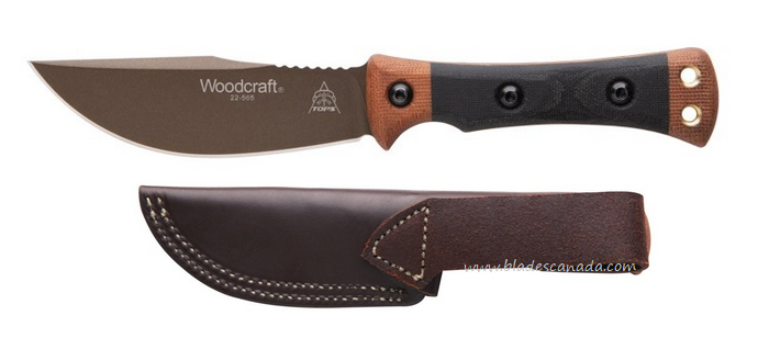 TOPS Woodcraft Fixed Blade Knife, 1095 Midnight Bronze, Micarta, Leather Sheath, WC-01