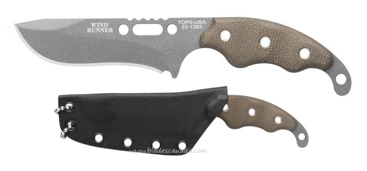 TOPS Wind Runner Fixed Blade Knife, 1095 Tungsten, Micarta Green, Kydex Sheath, WDR-02
