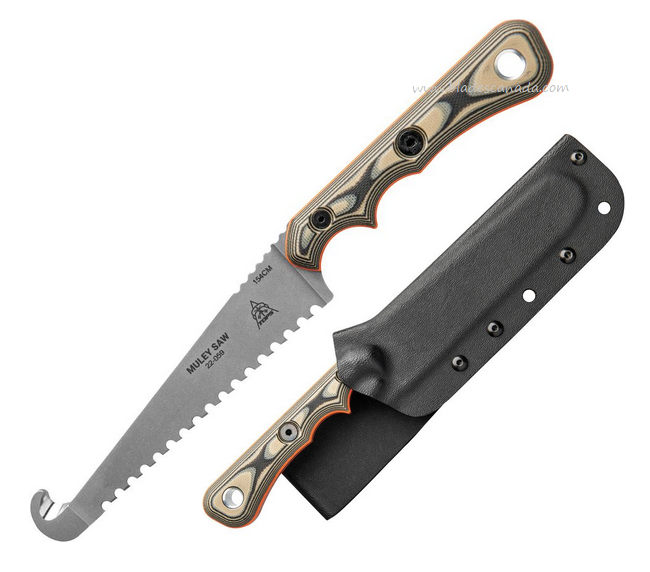 TOPS Muley Saw, 154CM Tumble Finish, G10 Black/Tan w/Orange liners, Kydex Sheath, MSAW01