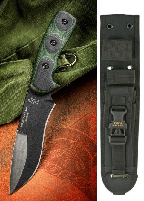 TOPS Mountain Lion Fixed Blade Knife, 1095 Carbon, G10 Black/Green, Nylon Sheath, MTLN01 TOPS Mountain Lion Fixed Blade Knife, 1095 Carbon, G10 Black/Green, Nylon Sheath, MTLN01