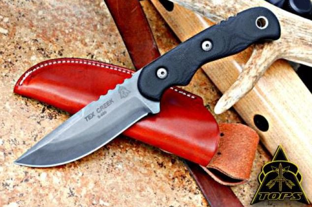 TOPS Tex Creek Hunter Fixed Blade Knife, 1095 Carbon, Micarta, Leather Sheath, TEX4 - Click Image to Close