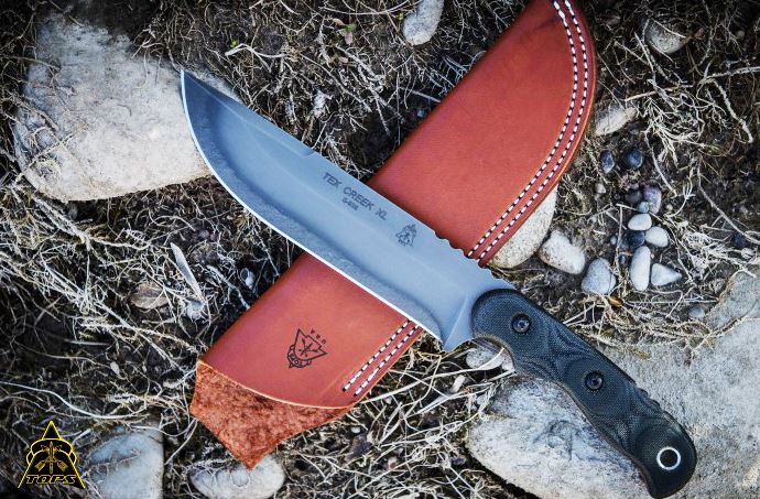 TOPS Tex Creek Hunter XL Fixed Blade Knife, 1095 Carbon, Micarta, Leather Sheath, TEX-XL - Click Image to Close