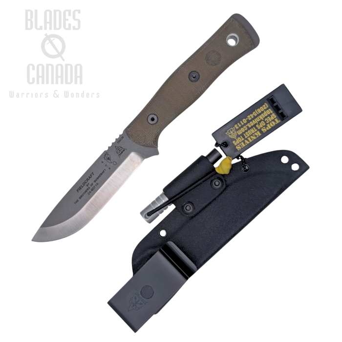 TOPS Fieldcraft B.O.B. Fixed Blade Knife, 154CM Tumble Finish, Micarta Green, Kydex Sheath, BROS-154G-CM