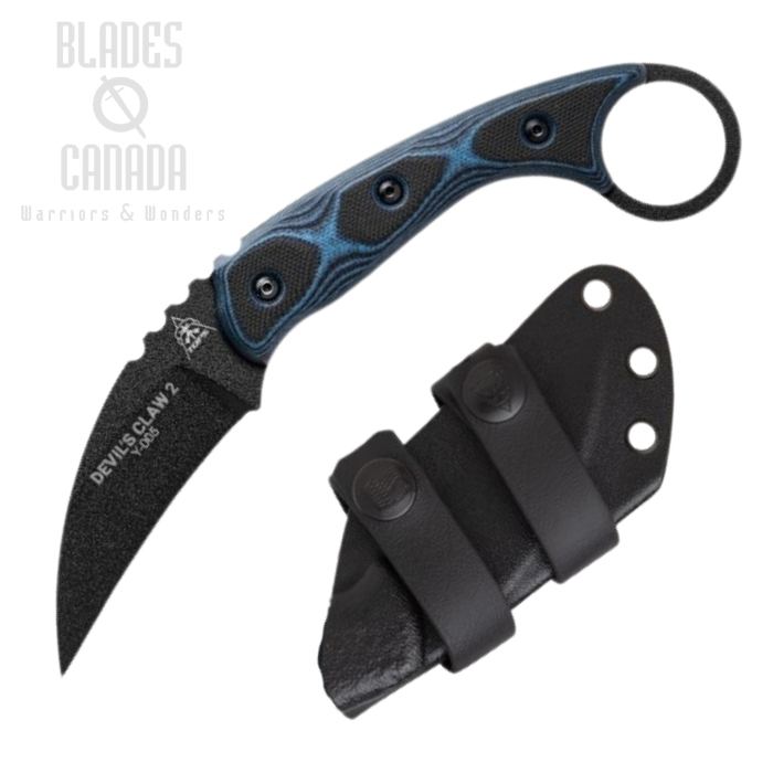 (image for) TOPS Devil's Claw 2 Fixed Blade Knife, 1095 Carbon, G10 Blue/Black, Kydex Sheath, DEVCL-02