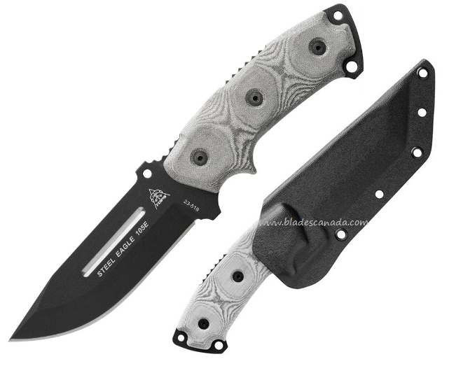 TOPS Steel Eagle Fixed Blade Knife, 1095 Black Hunter Point, Micarta Black, Kydex Sheath, SE105E