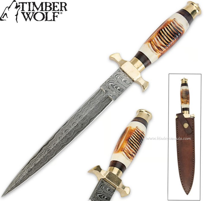 Timber Wolf Elite Dagger, Damascus, Bone, Leather Sheath, TW455