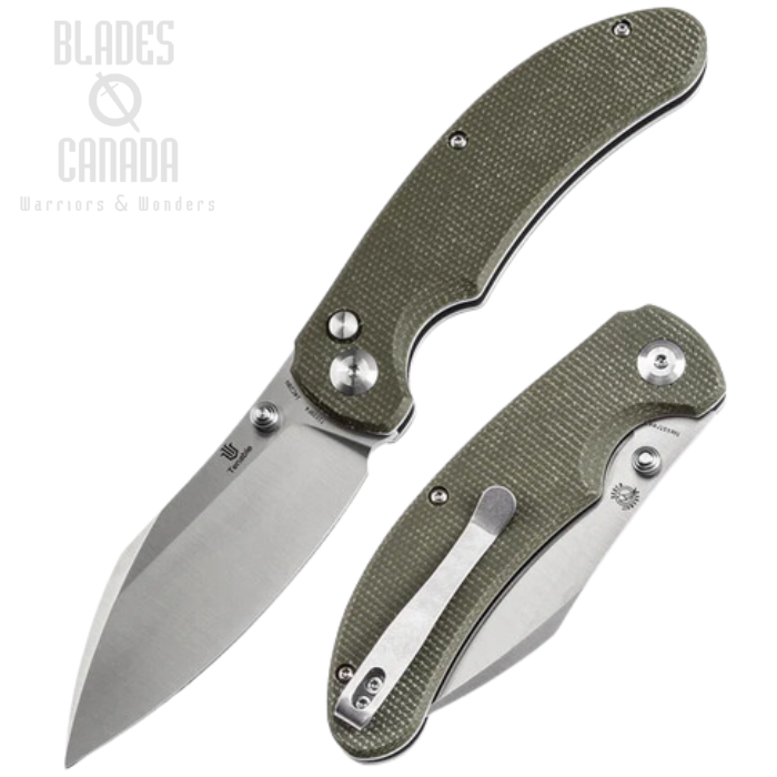 Tenable Nesstreet Button Lock Folding Knife, 14C28N Satin, Micarta Green, T1039F4