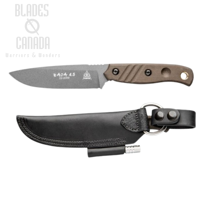 TOPS Baja 4.5 Knife, Tungsten Carakote 1095 Carbon, Canvas Micarta, Leather Sheath, BAJA4.5-02