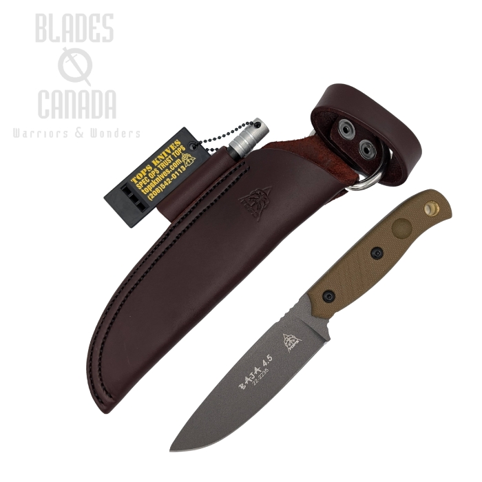 TOPS Baja 4.5 Knife, Tungsten Carakote 1095 Carbon, Canvas Micarta, Leather Sheath, BAJA4.5-02