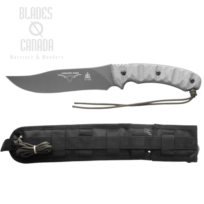 TOPS Longhorn Bowie, Sniper Gray 1095, RMT Black Canvas Micarta, MOLLE Sheath, LONGB-06