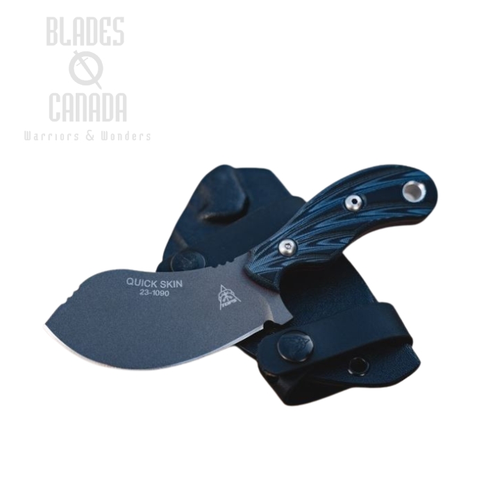 TOPS Quick Skin Fixed Blade Knife, Tungsten 1095 Carbon, G10 Black/Blue, Kydex Sheath, QSK-02