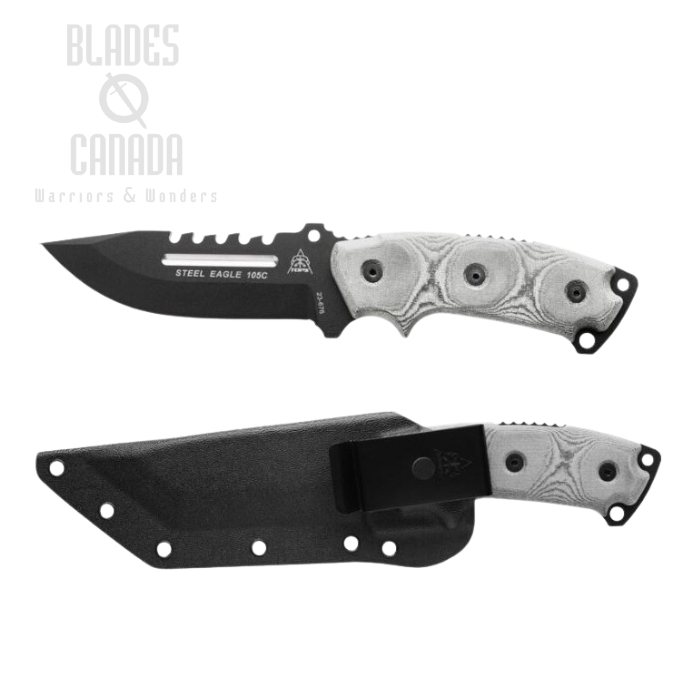 TOPS Steel Eagle Hunter's Point Sawback Fixed Knife, 1095 Carbon, Black Micarta, Kydex Sheath, SE105C
