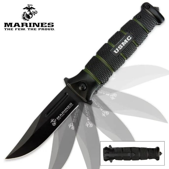 UC USMC Combat Folding Knife, Assisted Opening, Black/Green Aluminum, UC3098