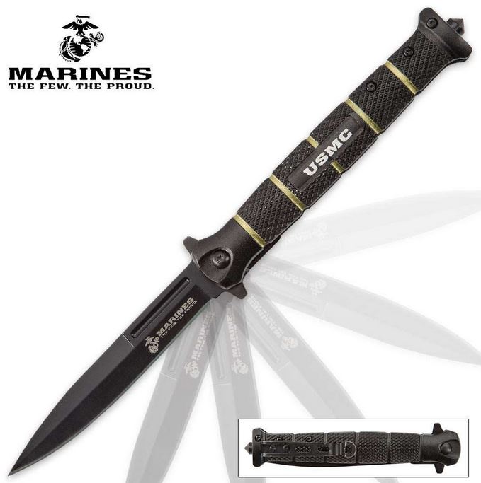 UC USMC Blackout Stiletto Folding Knife, Assisted Opening, UC3232 - Click Image to Close