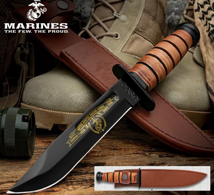 USMC WWII Tribute Combat Fixed Blade Knife, Stainless, Leather Sheath, UC3369B