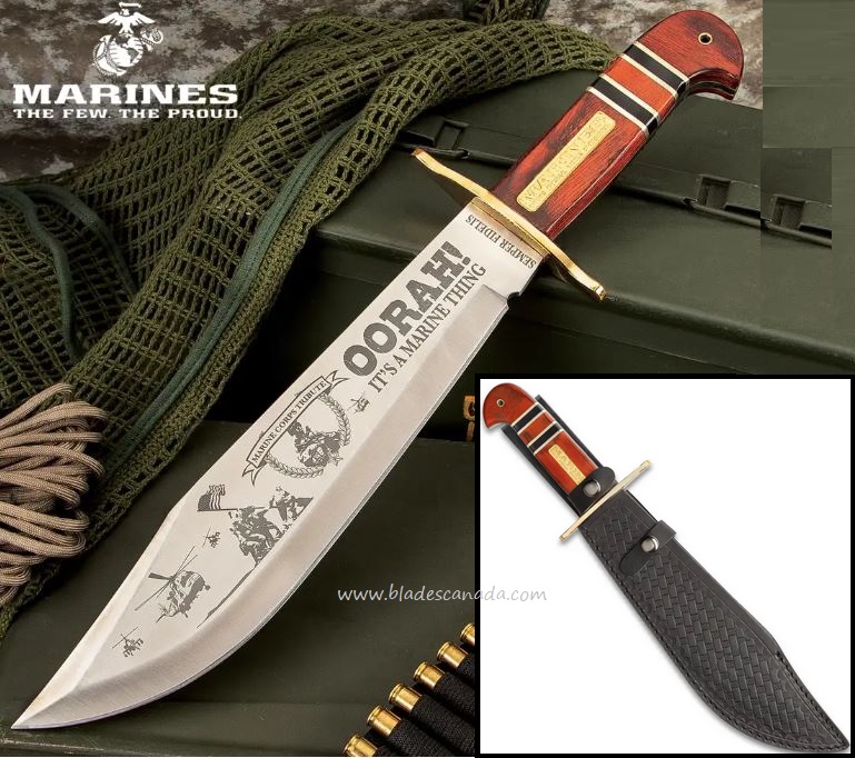UC USMC Commemorative Bowie Fixed Blade Knife, Leather Sheath, UC3387