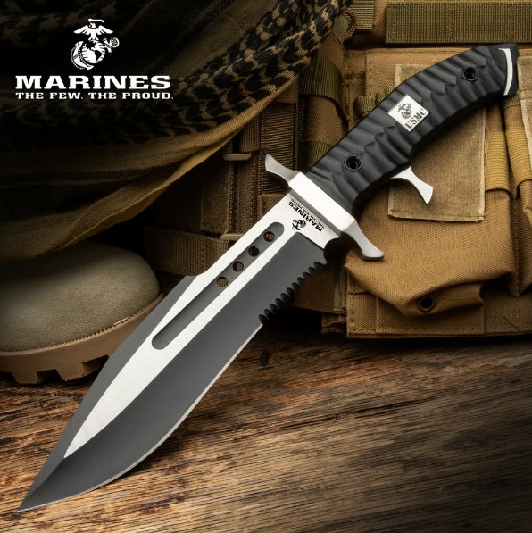 United Cutlery USMC Commando Bowie Knife, Stainless, Black Polypropylene, Nylol Sheath, UC3652