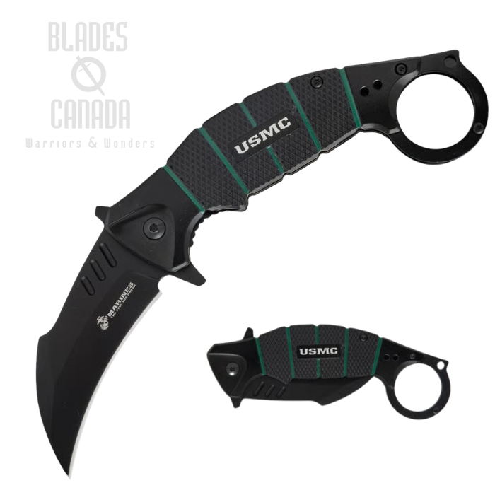 (image for) United Cutlery USMC War Claw Folding Knife, Black Blade, Aluminum Black/Green, UC3727