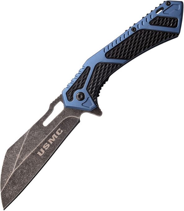 USMC USMA1063BL Folding Knife, Assisted Opening, Black/Blue Handle