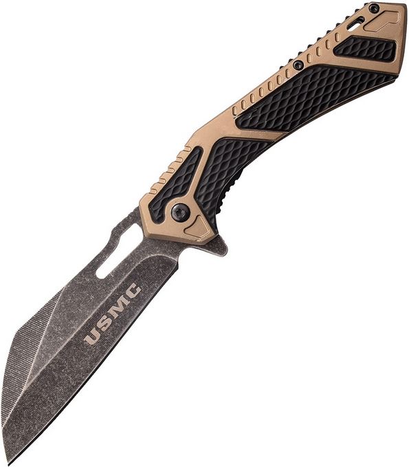 USMC USMA1063GN Folding Knife, Assisted Opening, Black/Tan Handle - Click Image to Close