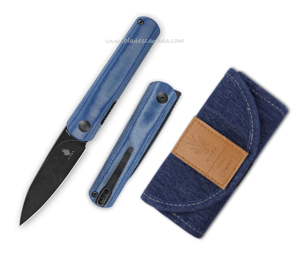 Kizer Feist Flipper Folding Knife, 154CM Black SW, Micarta Blue, w/Denim Knife Roll, V3499C2