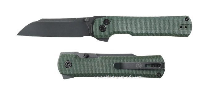 Vosteed Valkyrie Flipper Button Lock Knife, Nitro-V Black SW Sheepsfoot, Micarta Green, VL32NPMN2