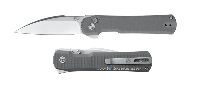 Vosteed Valkyrie Flipper Button Lock Folding Knife, Nitro-V Satin Seax, G10 Grey, VK32NTGH1