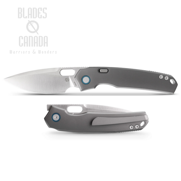 Vosteed Psyop Button Lock Flipper Folding Knife, Elmax Satin, Titanium Grey Curved, A2204