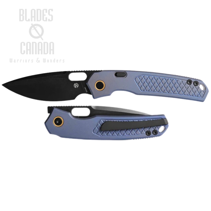 Vosteed Psyop Button Top Liner Lock Folding Knife, Elmax SW Black, Titanium Blue, A2205