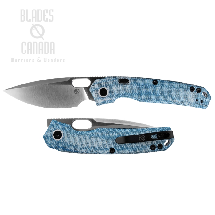 Vosteed Psyop Button Top Liner Lock Folding Knife, Elmax Satin, Micarta Blue, A2214 (image for) Vosteed Psyop Button Top Liner Lock Folding Knife, Elmax Satin, Micarta Blue, A2214