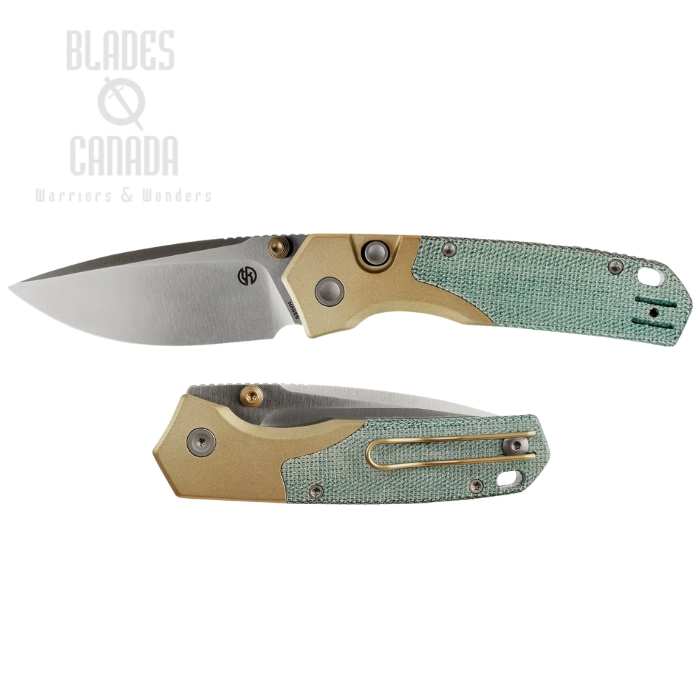 Vosteed Psyop 299 Button Liner Lock Folding Knife, S35VN Satin, Micarta Teal w/Brass Bolster, A2221 (image for) Vosteed Psyop 299 Button Liner Lock Folding Knife, S35VN Satin, Micarta Teal w/Brass Bolster, A2221