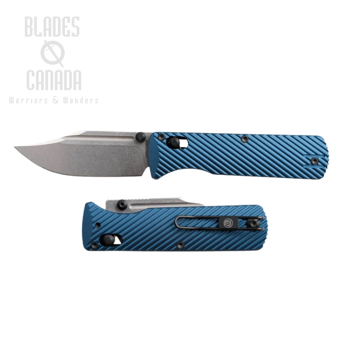 Vosteed Vombat Bowie Crossbar Lock Folding Knife, M390 Stonewash, Aluminum Steel Blue, A4108