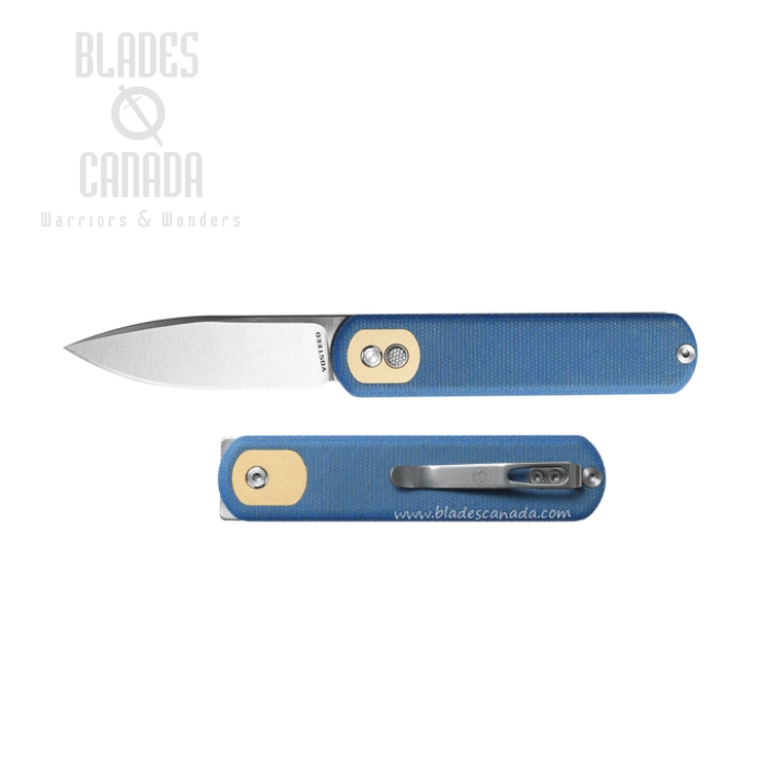 Vosteed Corgi Flipper Button Lock Folding Knife, 14C28N Satin, Micarta Blue, CG29VTML