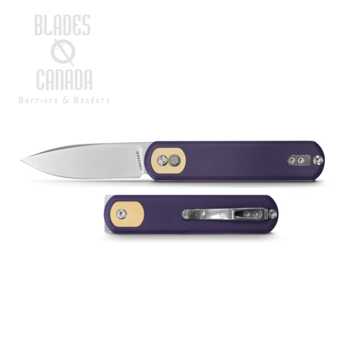 Vosteed Corgi Flipper Button Lock Knife, 14C28N Satin, G10 Purple, CG3S07