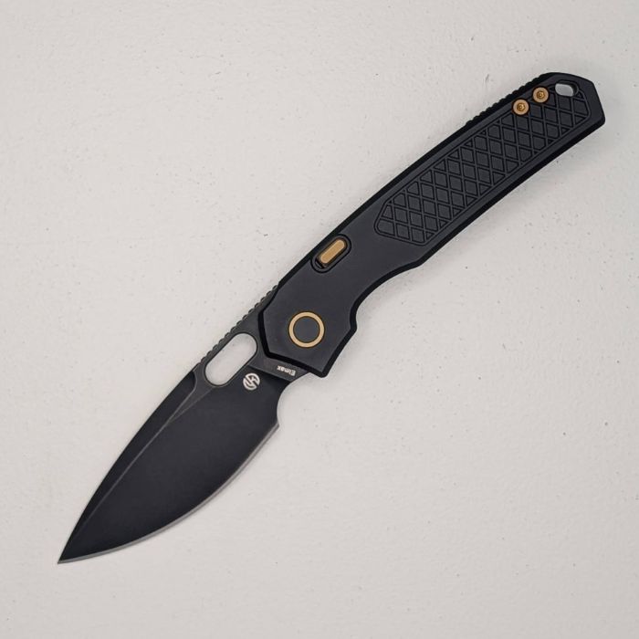 (image for) (Scratch & Dent) Vosteed Psyop Button Lock Flipper Folding Knife, Elmax Black, Titanium Black Patterned, A2201