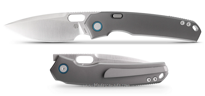 Vosteed Psyop Button Lock Flipper Folding Knife, Elmax Satin, Titanium Grey Curved, A2204