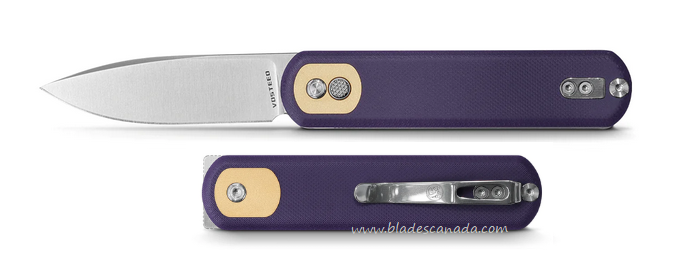 Vosteed Corgi Flipper Button Lock Knife, 14C28N Satin, G10 Purple, CG3S07