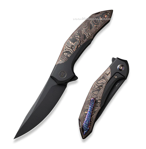 WE Knife Merata Flipper Framelock Knife, Ltd Edition, CPM 20CV Black SW, Titanium/Carbon Fiber Copper Foil, 22008B-1