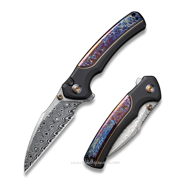 WE Knife Ziffius Flipper Button Lock Knife, Damasteel, Titanium Flamed, 22024D-DS1