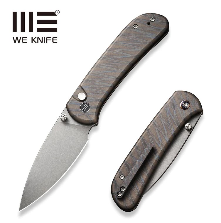 WE Knife Qubit Button Lock Folding Knife, CPM 20CV, Titanium Tiger Stripe, 22030F-4