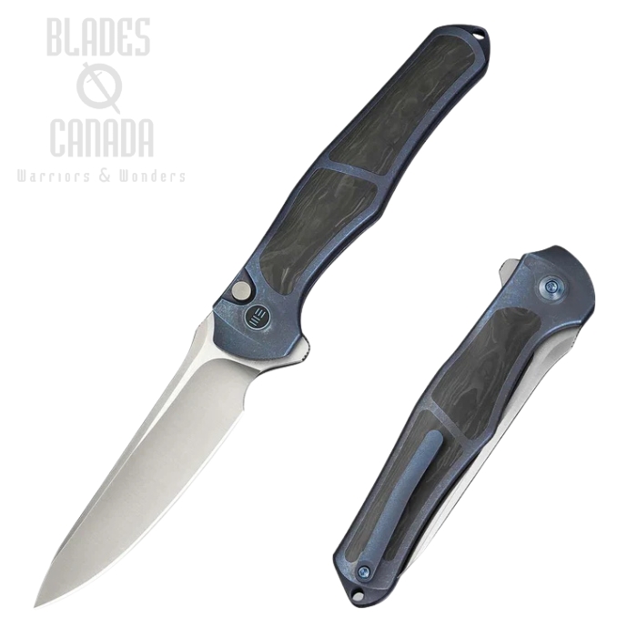 WE Knife 702XI Flipper Button Lock Knife, Ltd Edition, M390 Satin, Integral Titanium Blue/Carbon Fiber, WE07B-1
