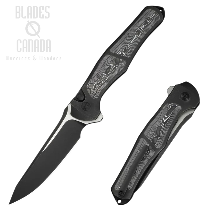 WE Knife 702XI Flipper Button Lock Knife, Ltd Edition, M390 Black, Integral Titanium/Aluminum Foil CF, WE07B-2
